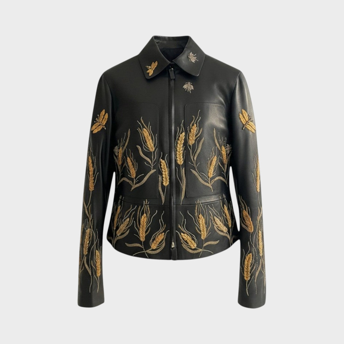 Tasoni Valentino black leather jacket featuring intricate gold wheat and bee embroidery on the front and sleeves.