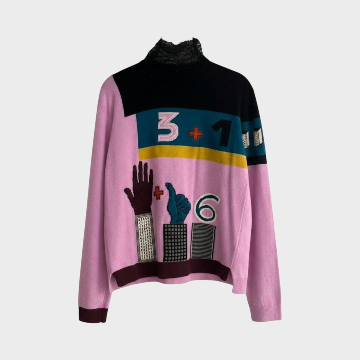 Tasoni Valentino wool jacquard sweater in pink and black with graphic counting motifs and a lace mock neck collar.