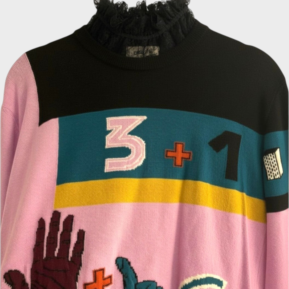 Tasoni Valentino wool jacquard sweater featuring a black lace collar and colorful counting and hand graphic design.