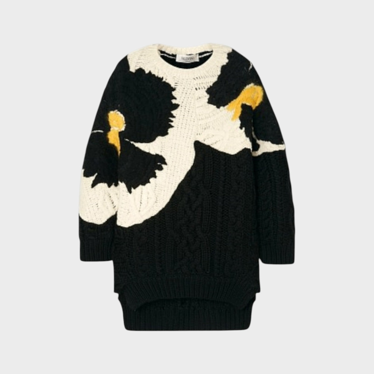 Tasoni Valentino black and cream wool sweater featuring large pansy flower embroidery and a cable knit texture.