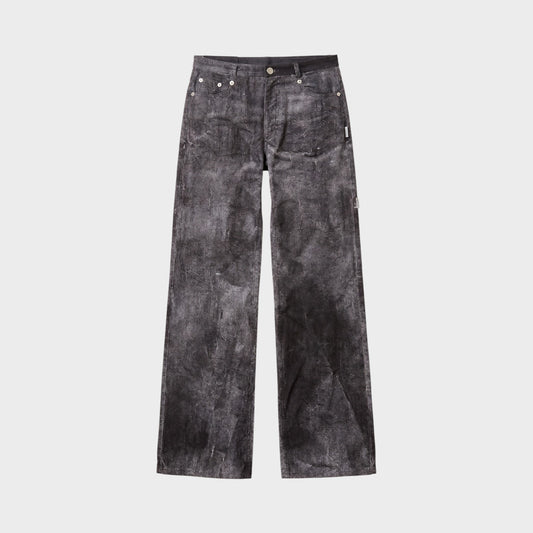 Tasoni Marie Adam-Leenaerdt grey black washed velvet denim wide leg jeans.