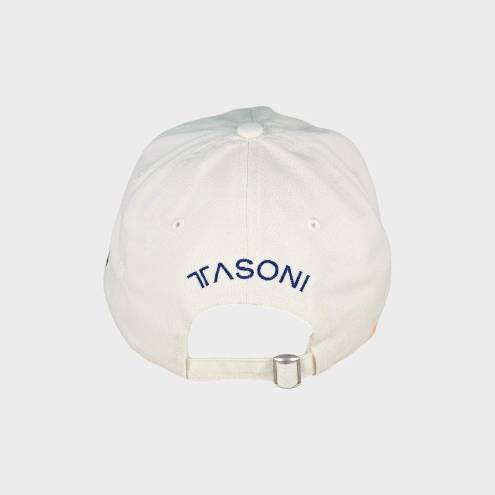 Tasoni white cotton baseball cap with navy blue embroidered logo on back and adjustable strap