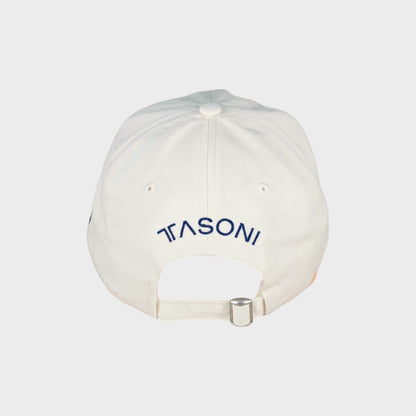 Tasoni white cotton baseball cap with navy blue embroidered logo on back and adjustable strap