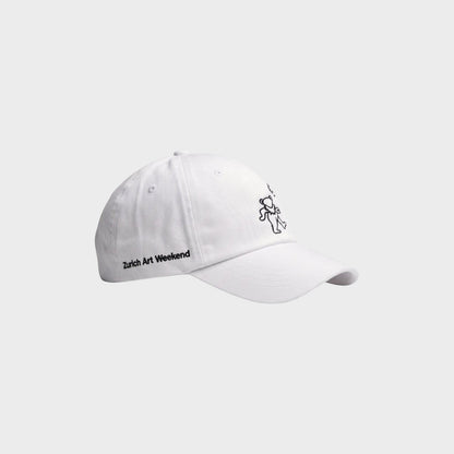 Tasoni white cotton baseball cap with embroidered bear graphic and
