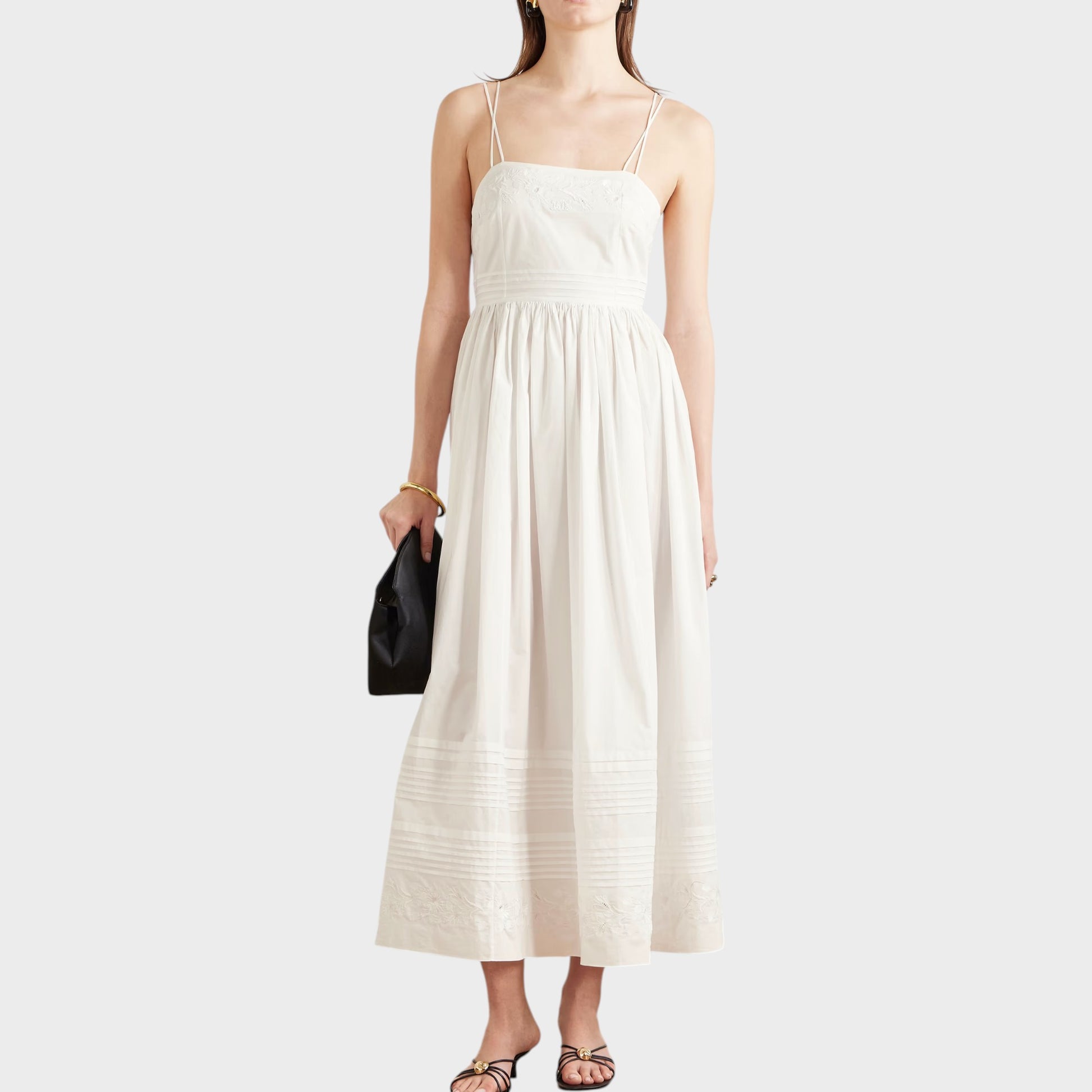 Tasoni white chamomile poplin sleeveless midi dress with floral embroidery and spaghetti straps.
