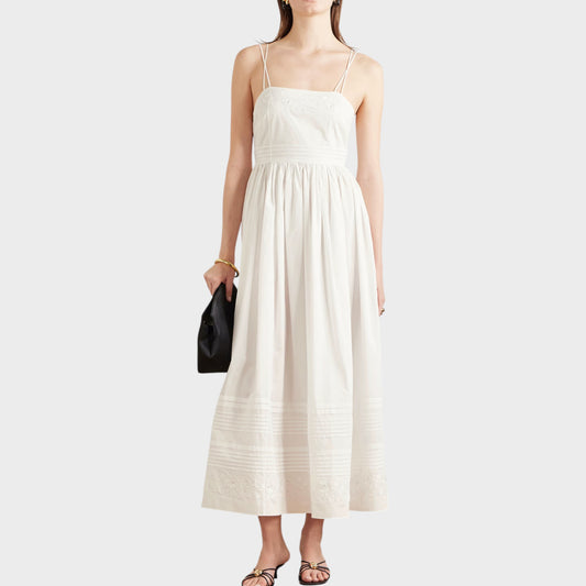 Tasoni white chamomile poplin sleeveless midi dress with floral embroidery and spaghetti straps.