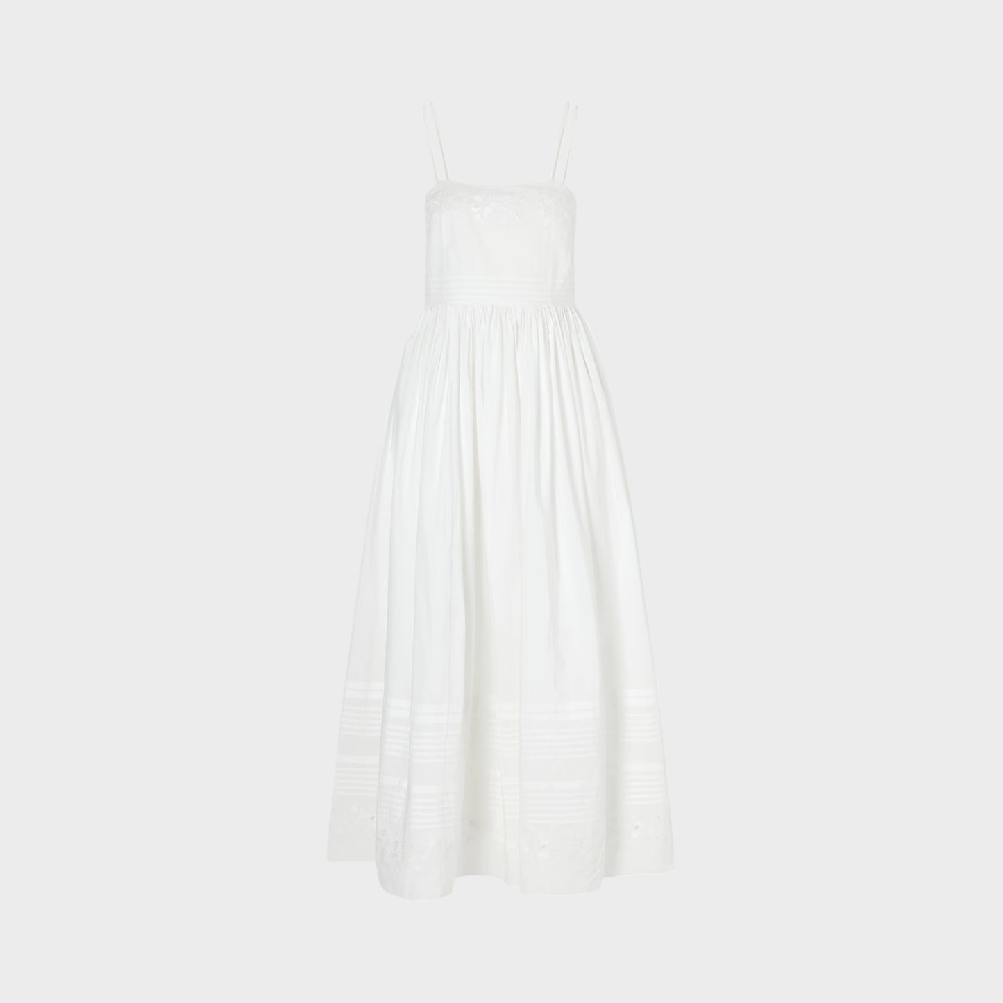 Tasoni white chamomile poplin sleeveless midi dress with floral embroidery and delicate straps.