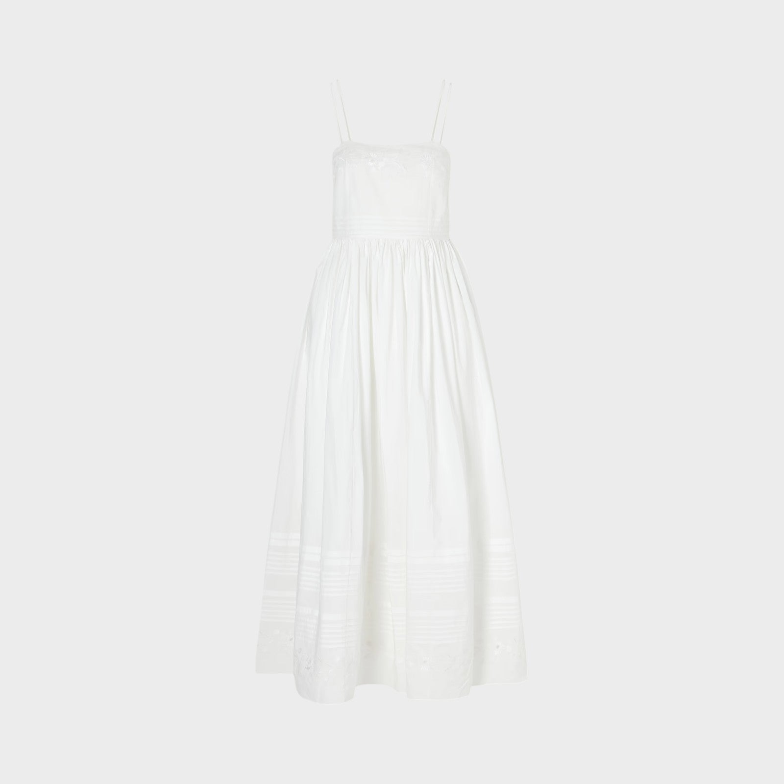Tasoni white chamomile poplin sleeveless midi dress with floral embroidery and delicate straps.