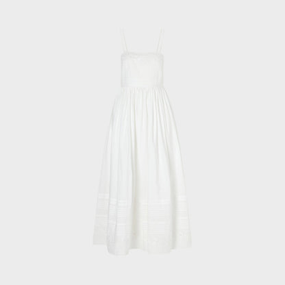 Tasoni white chamomile poplin sleeveless midi dress with floral embroidery and delicate straps.