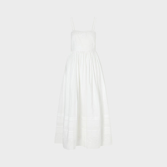 Tasoni white chamomile poplin sleeveless midi dress with floral embroidery and delicate straps.