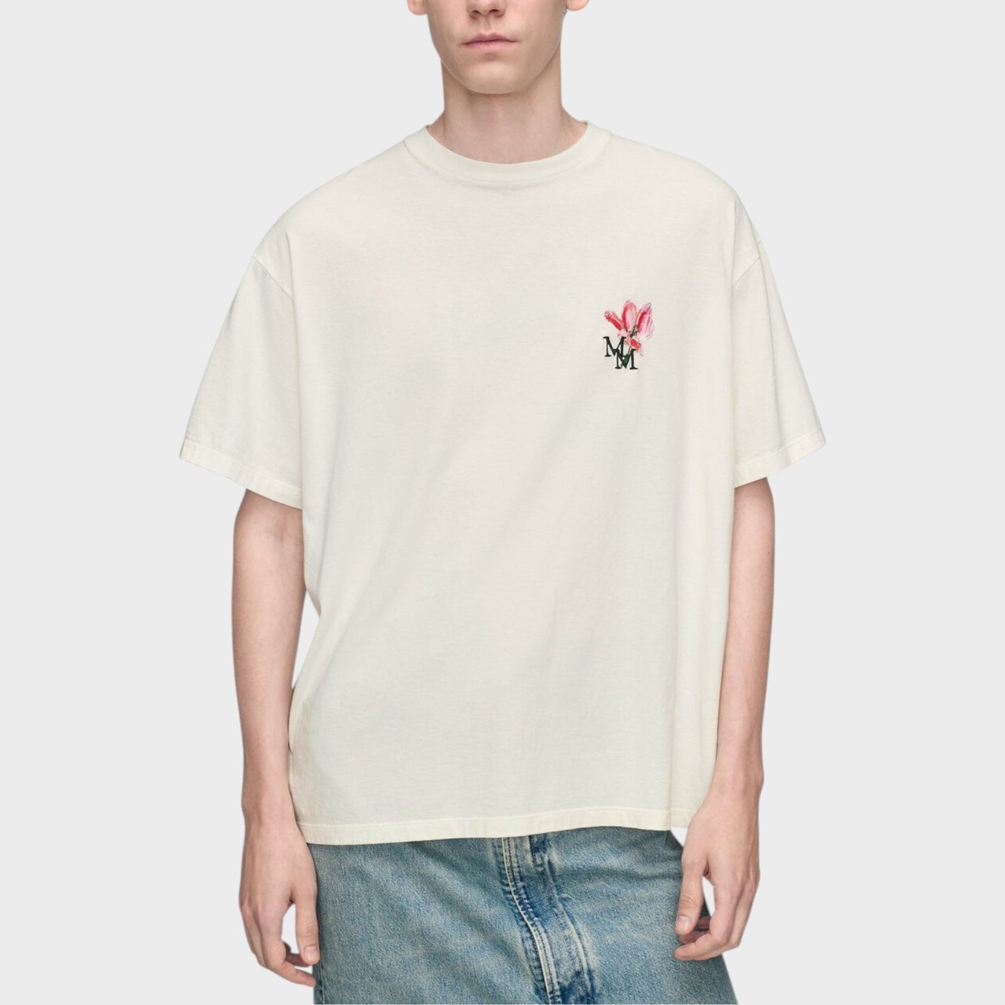 Tasoni Maison Margiela off-white cotton crew neck t-shirt with floral MM embroidery on chest.