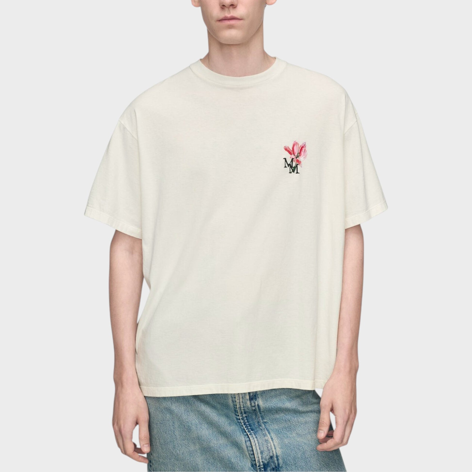 Tasoni Maison Margiela off-white cotton crew neck t-shirt with floral MM embroidery on chest.