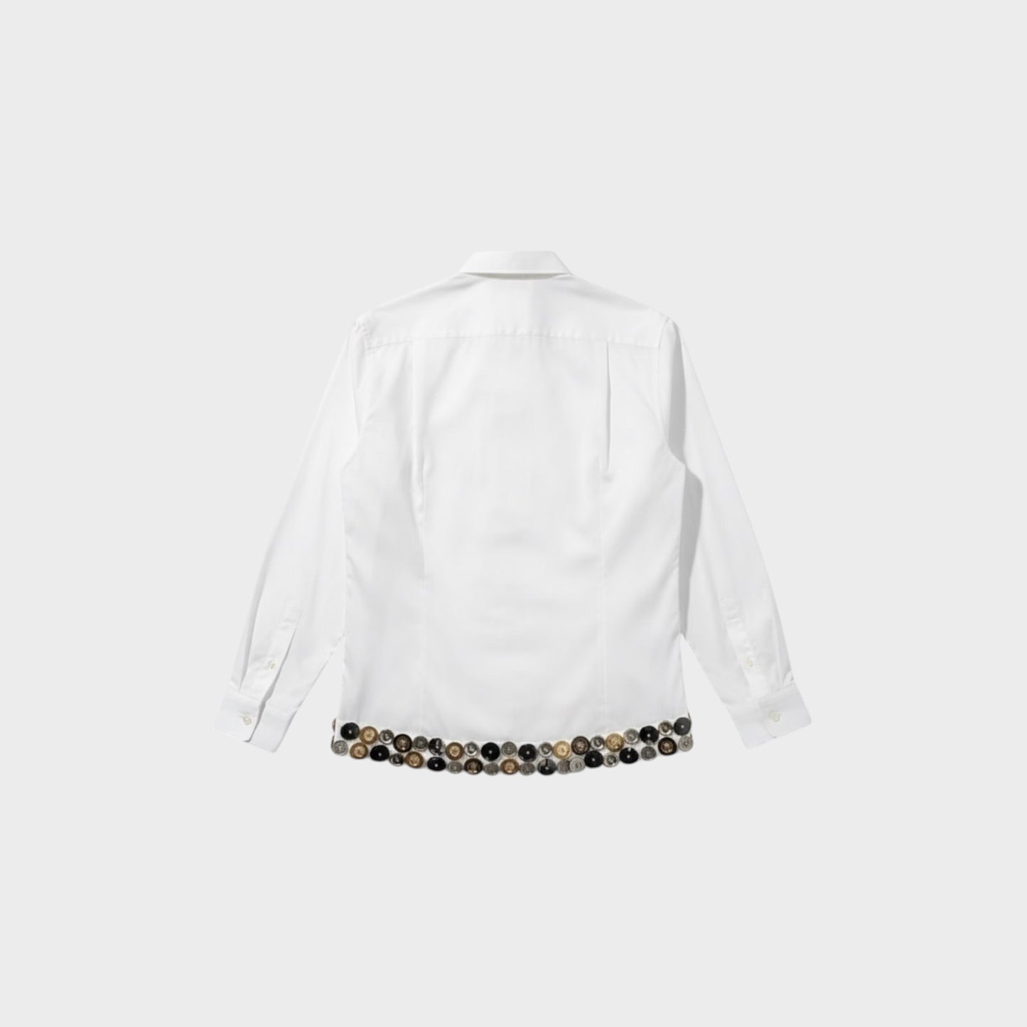 Tasoni white cotton classic collar button-up shirt with a chest pocket and a decorative hem of silver and gold buttons.
