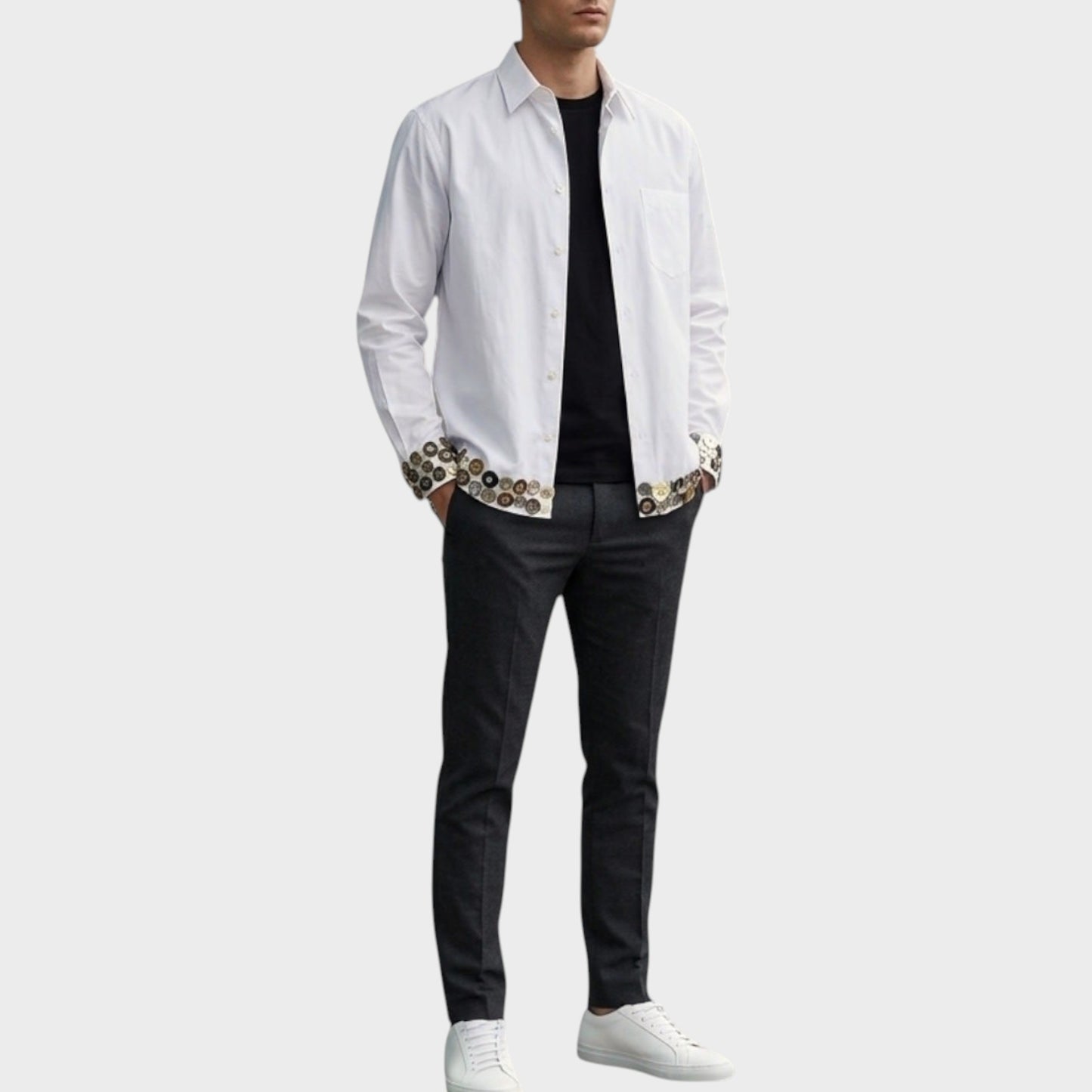 Tasoni white cotton button-up shirt with classic collar, chest pocket, and unique silver & gold button detail on cuffs.