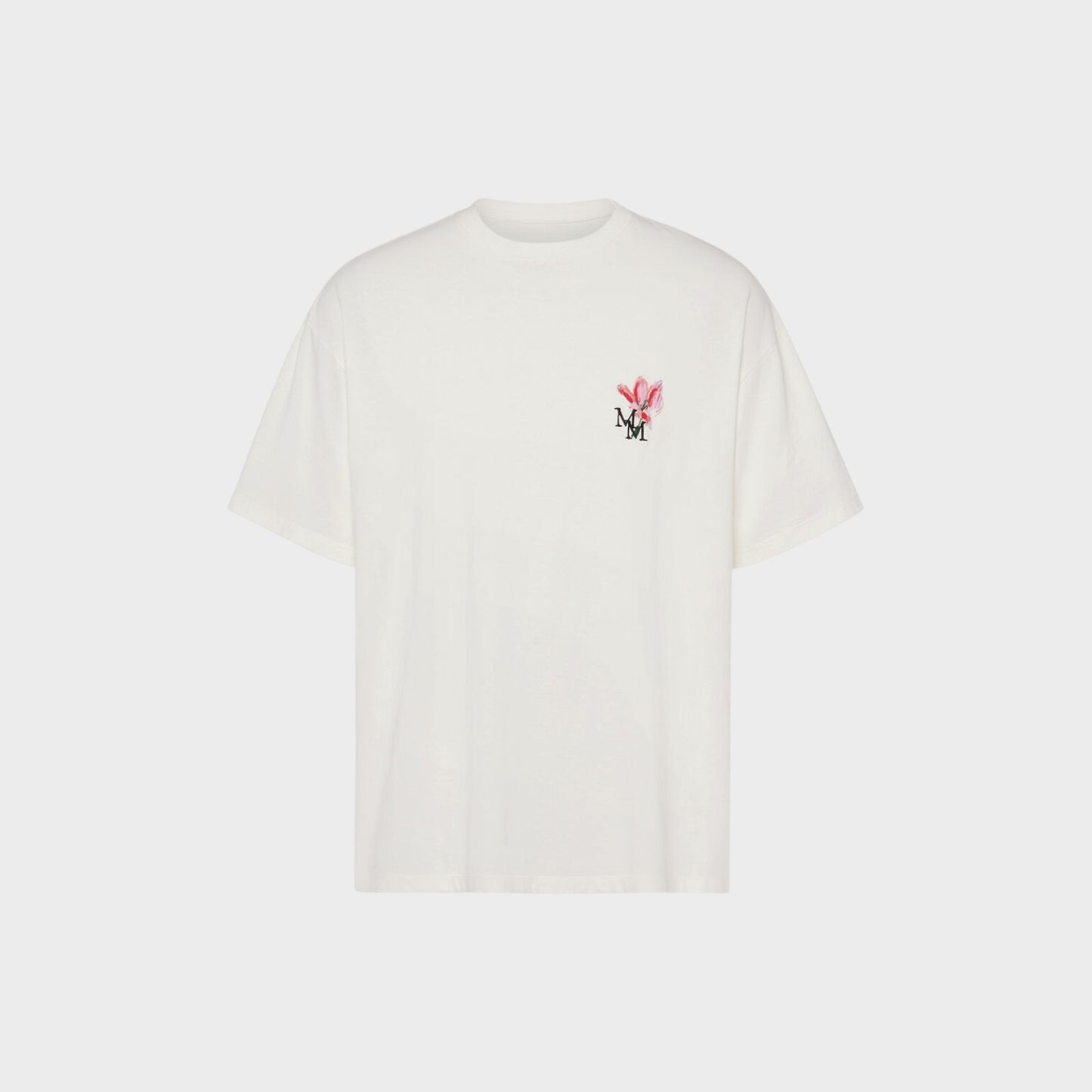 Tasoni white cotton crew neck t-shirt with floral MM embroidery on chest.