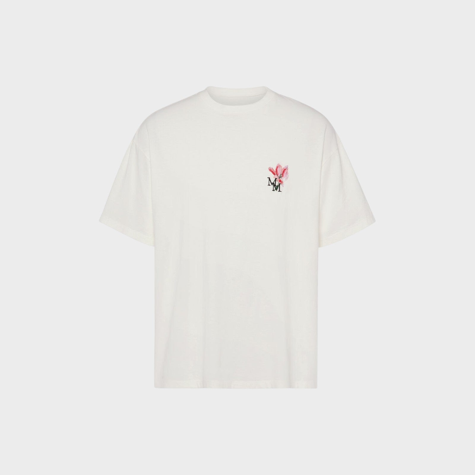 Tasoni white cotton crew neck t-shirt with floral MM embroidery on chest.