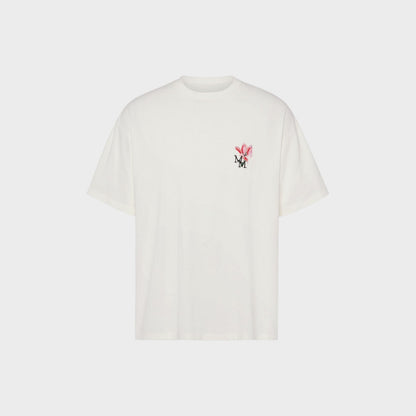Tasoni white cotton crew neck t-shirt with floral MM embroidery on chest.