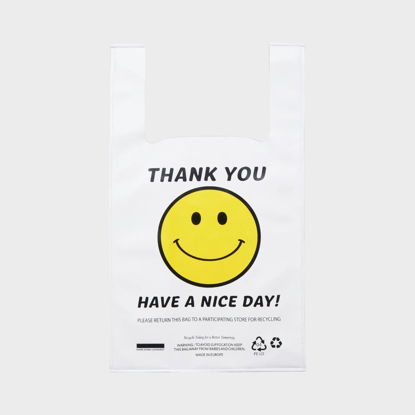 Tasoni white leather bag with "Thank You Have A Nice Day" text and a yellow smiley face graphic.
