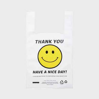 Tasoni white leather bag with "Thank You Have A Nice Day" text and a yellow smiley face graphic.