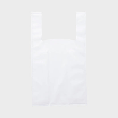 Tasoni Marie Adam-Leenaerdt white leather tote bag with "Thank You" print and dual top handles.