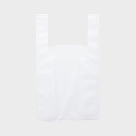Tasoni Marie Adam-Leenaerdt white leather tote bag with "Thank You" print and dual top handles.