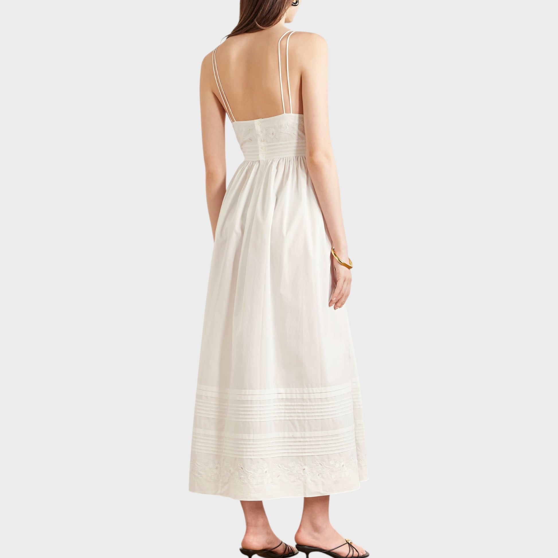 Tasoni white chamomile poplin sleeveless midi dress with floral embroidery and delicate spaghetti straps.