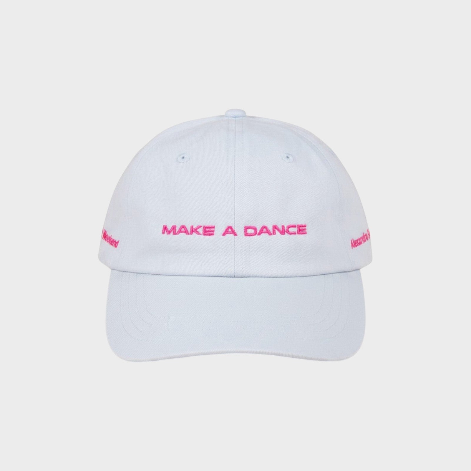 Tasoni x Alexandra Bachzetsis light blue baseball cap with pink embroidery 'MAKE A DANCE' and 'Weekend' text.