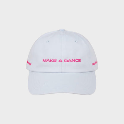 Tasoni x Alexandra Bachzetsis light blue baseball cap with pink embroidery 'MAKE A DANCE' and 'Weekend' text.