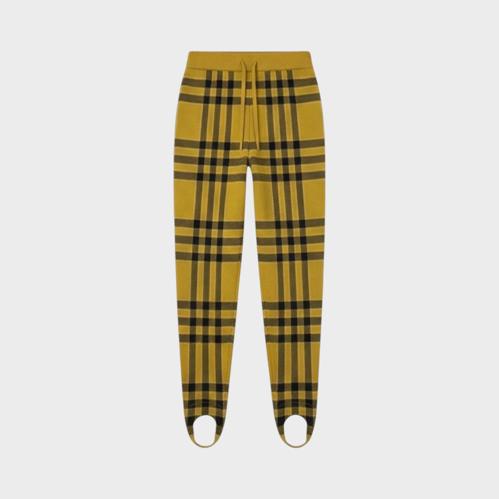 Tasoni yellow and black wool check elastic waist trousers with stirrup feet.