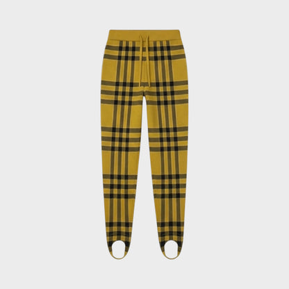 Tasoni yellow and black wool check elastic waist trousers with stirrup feet.