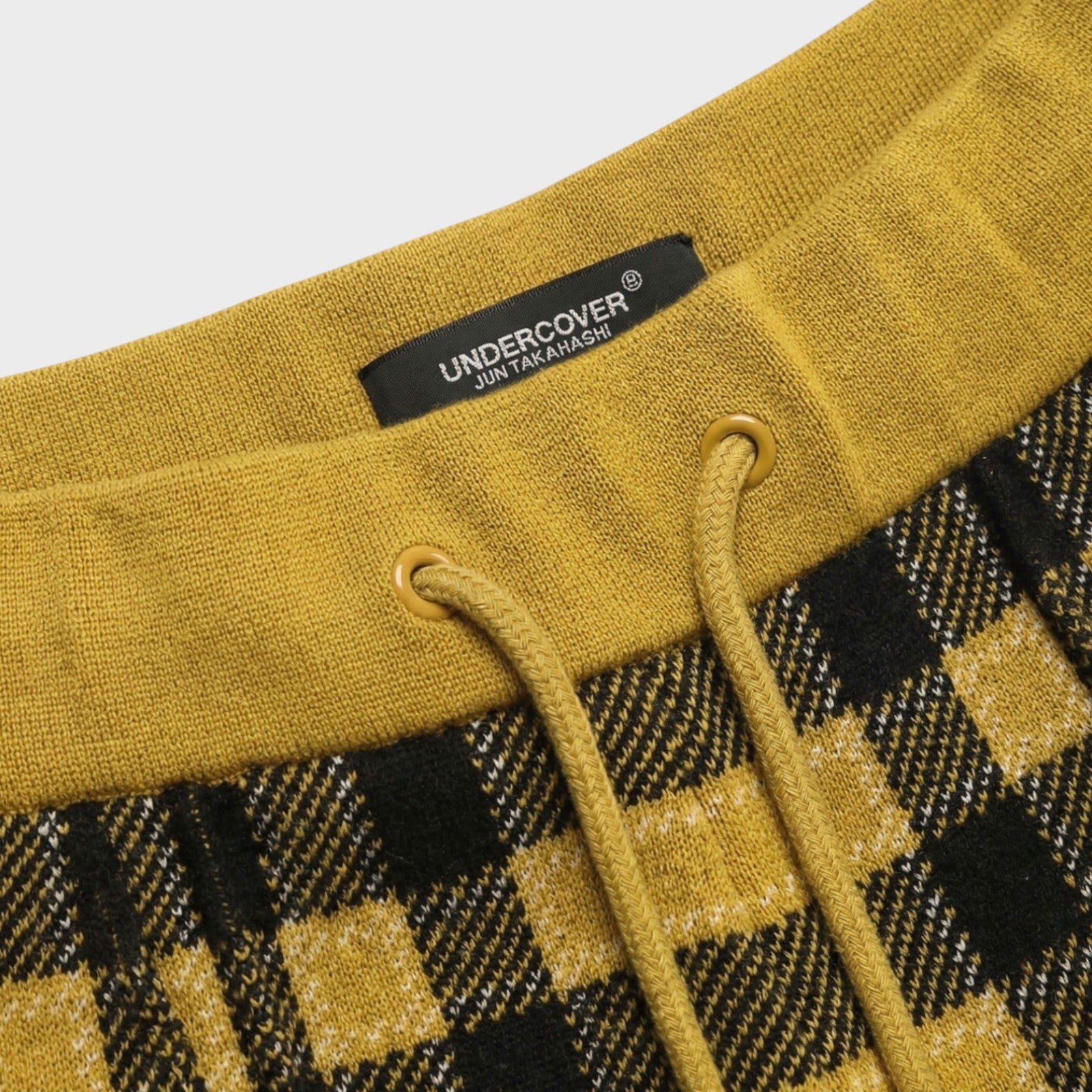 Tasoni yellow and black wool check elastic waist trousers with drawstring detail.