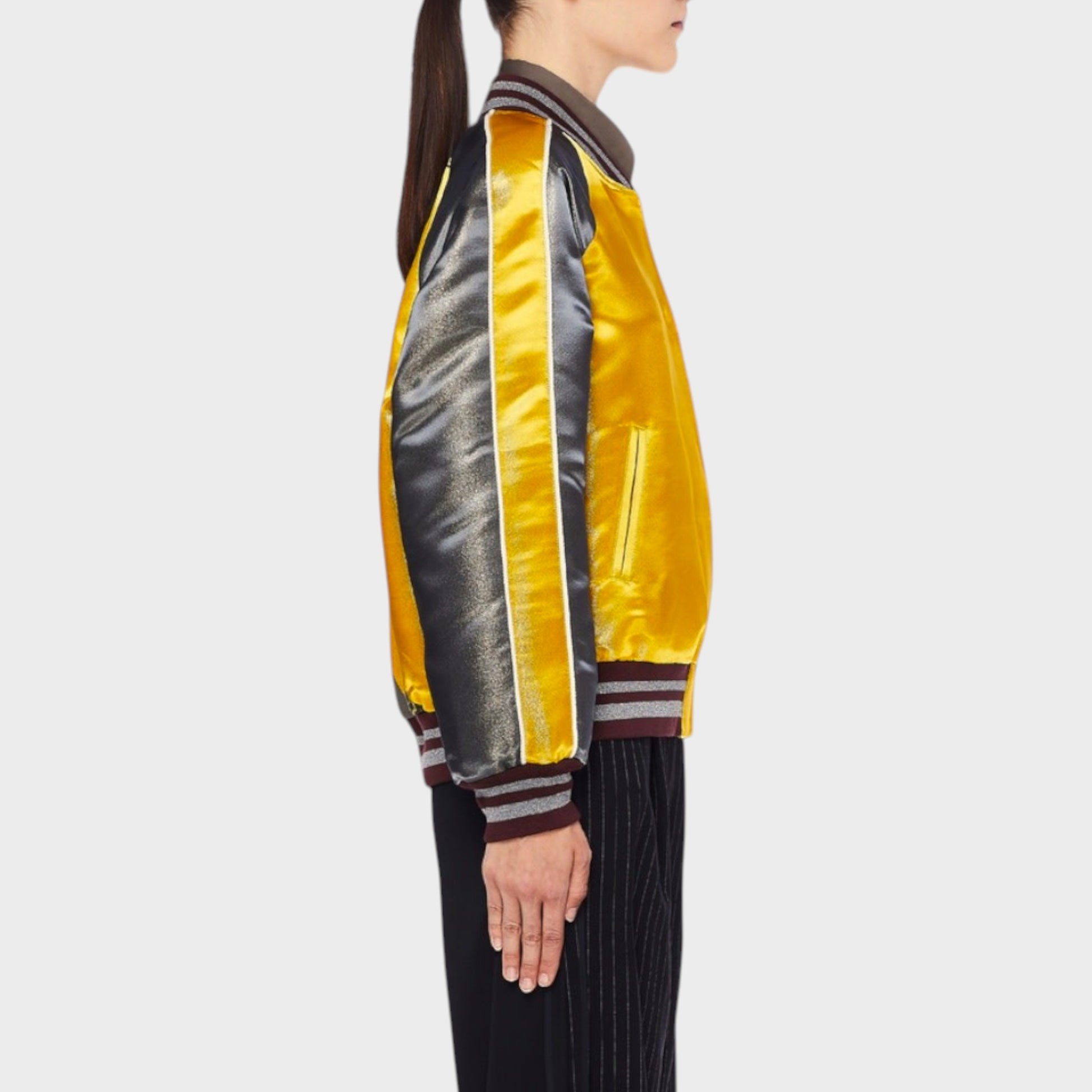 Tasoni yellow and grey satin bomber jacket with striped cuffs and collar, featuring a standing collar and a David Bowie print on the back.