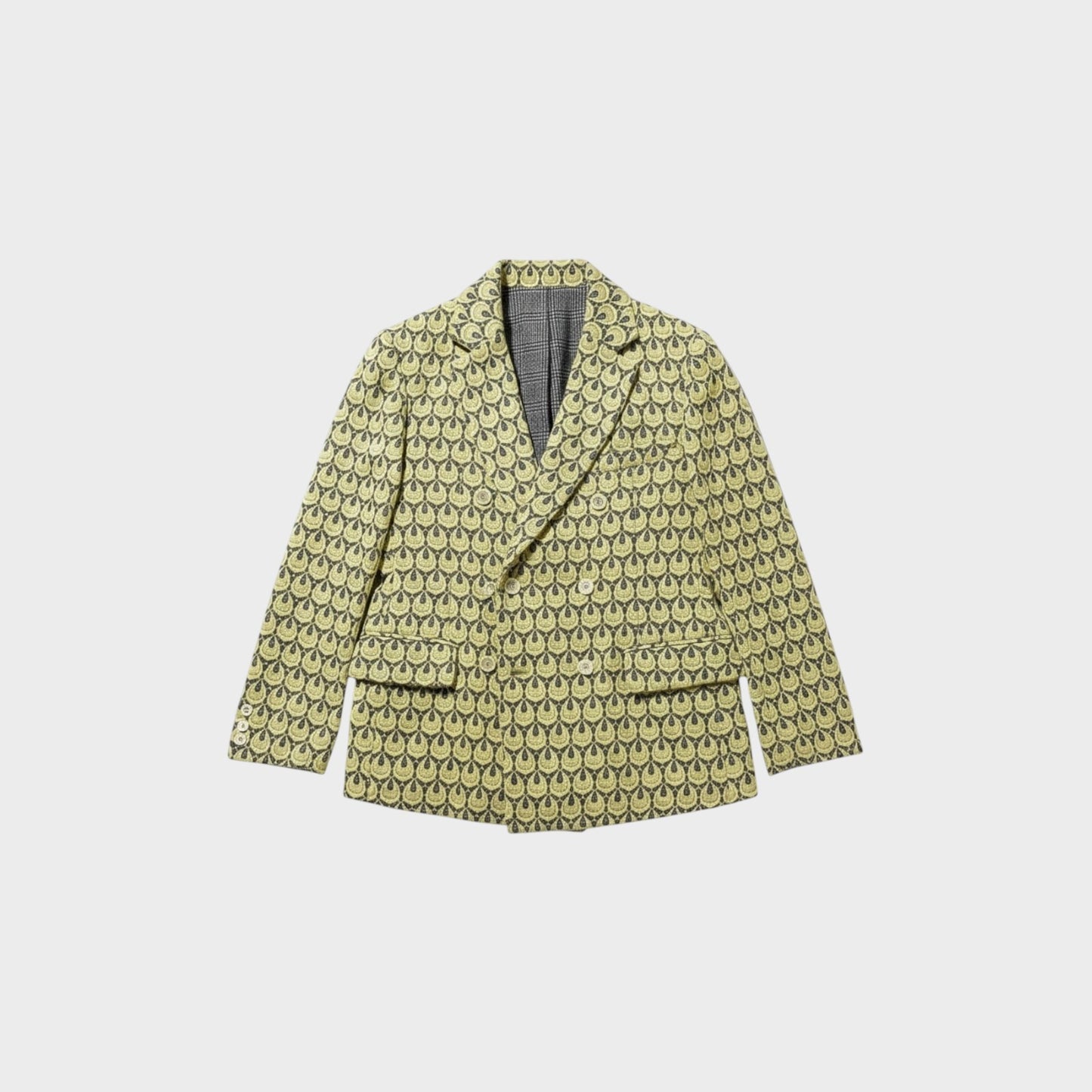 Tasoni yellow and grey patterned double-breasted blazer with a check lining.