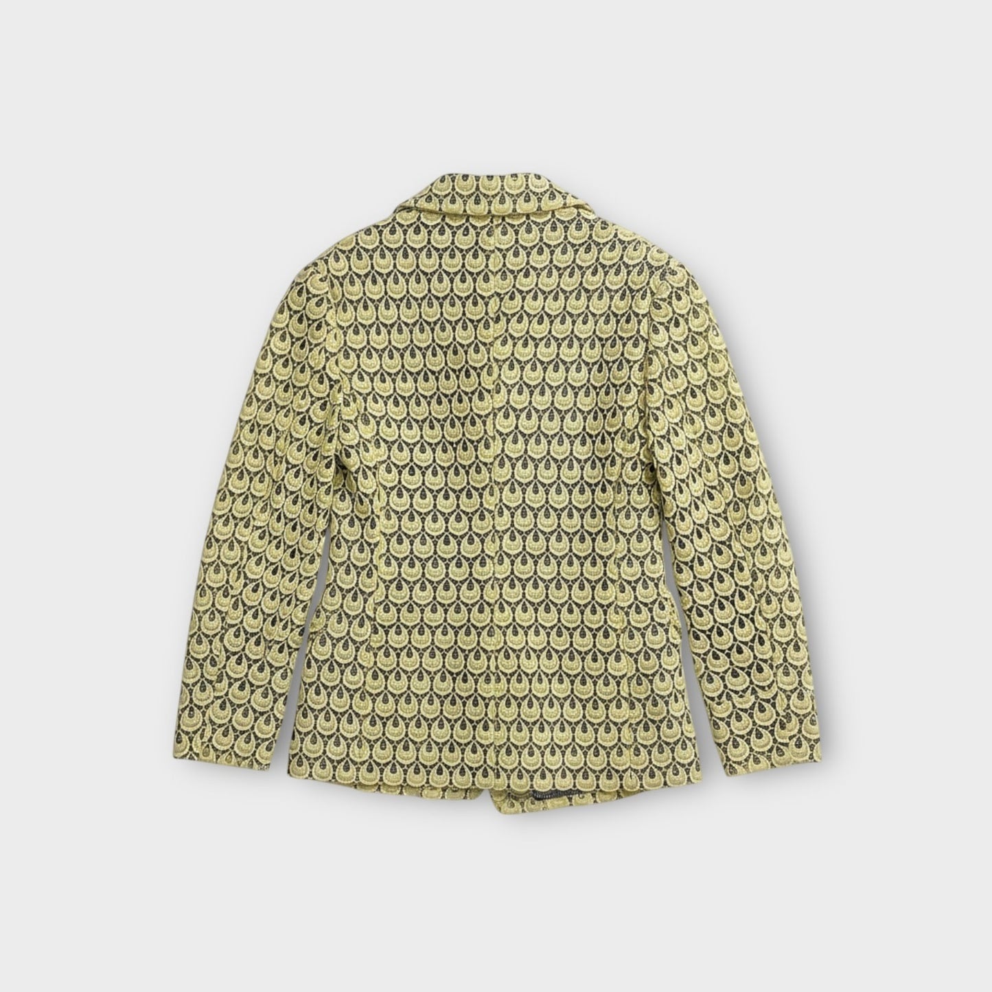 Tasoni yellow and grey patterned lace double-breasted blazer with a notched lapel.