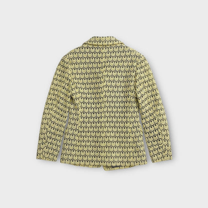 Tasoni yellow and grey patterned lace double-breasted blazer with a notched lapel.