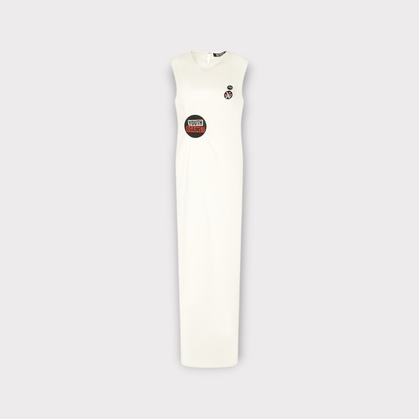 Raf Simons Dress, White, Crew Neck Sleeveless Draped Waist Long Dress w/ Press Button and Badges #7