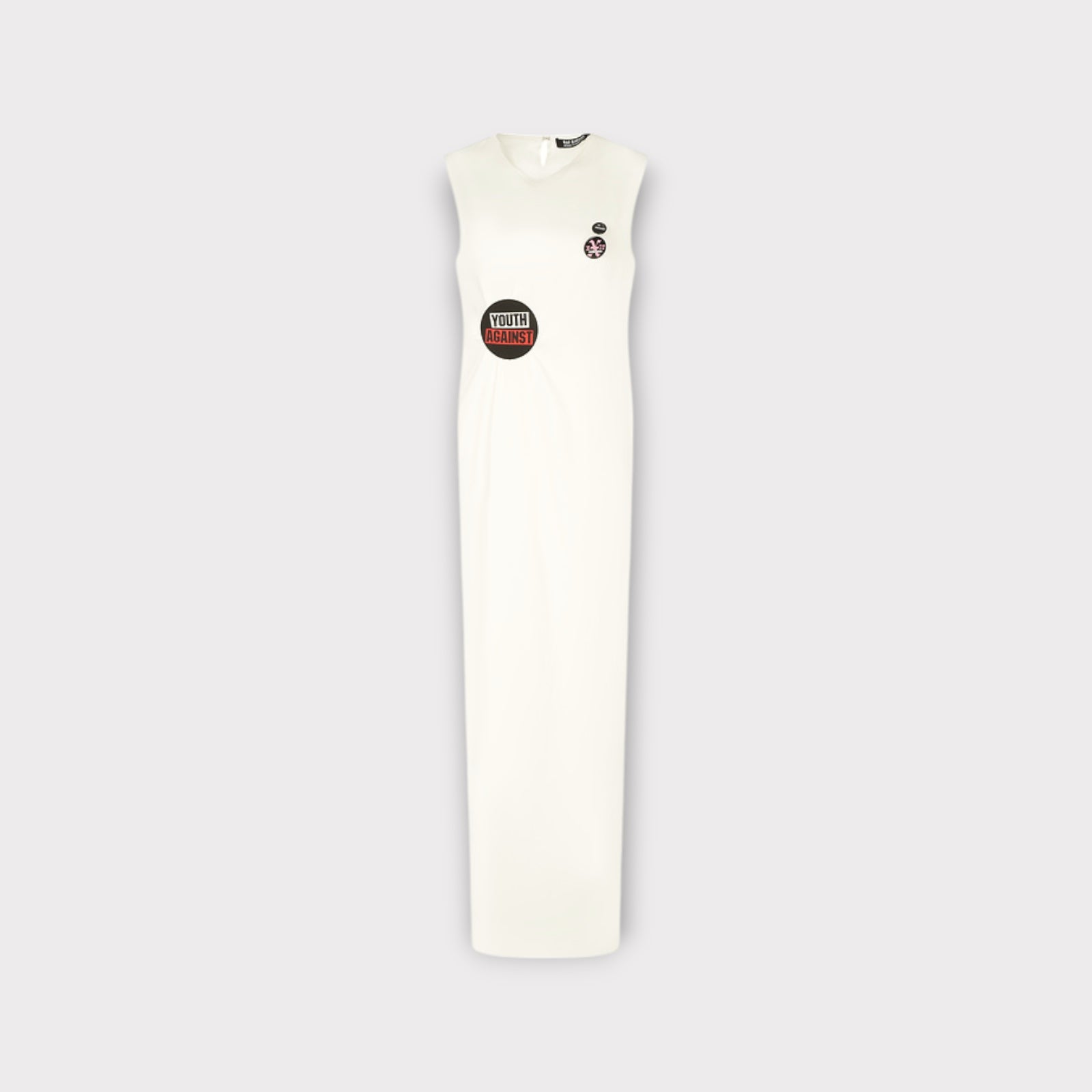Raf Simons Dress, White, Crew Neck Sleeveless Draped Waist Long Dress w/ Press Button and Badges #7