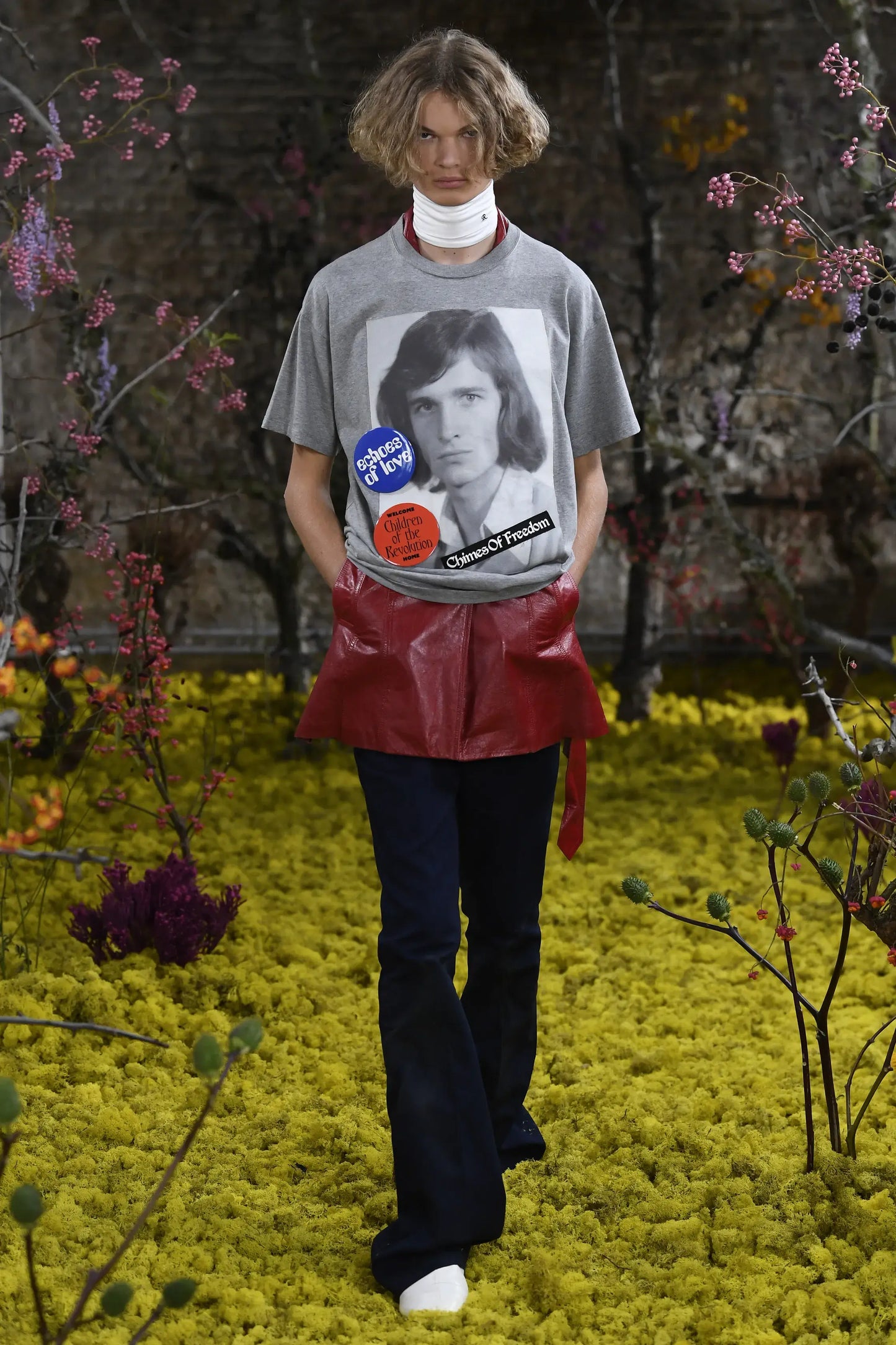 Raf Simons T-Shirt, Print, Cotton Big Fit Crew Neck T-Shirt in Grey w/ "Chimes of Freedom" Patch and Badges #5