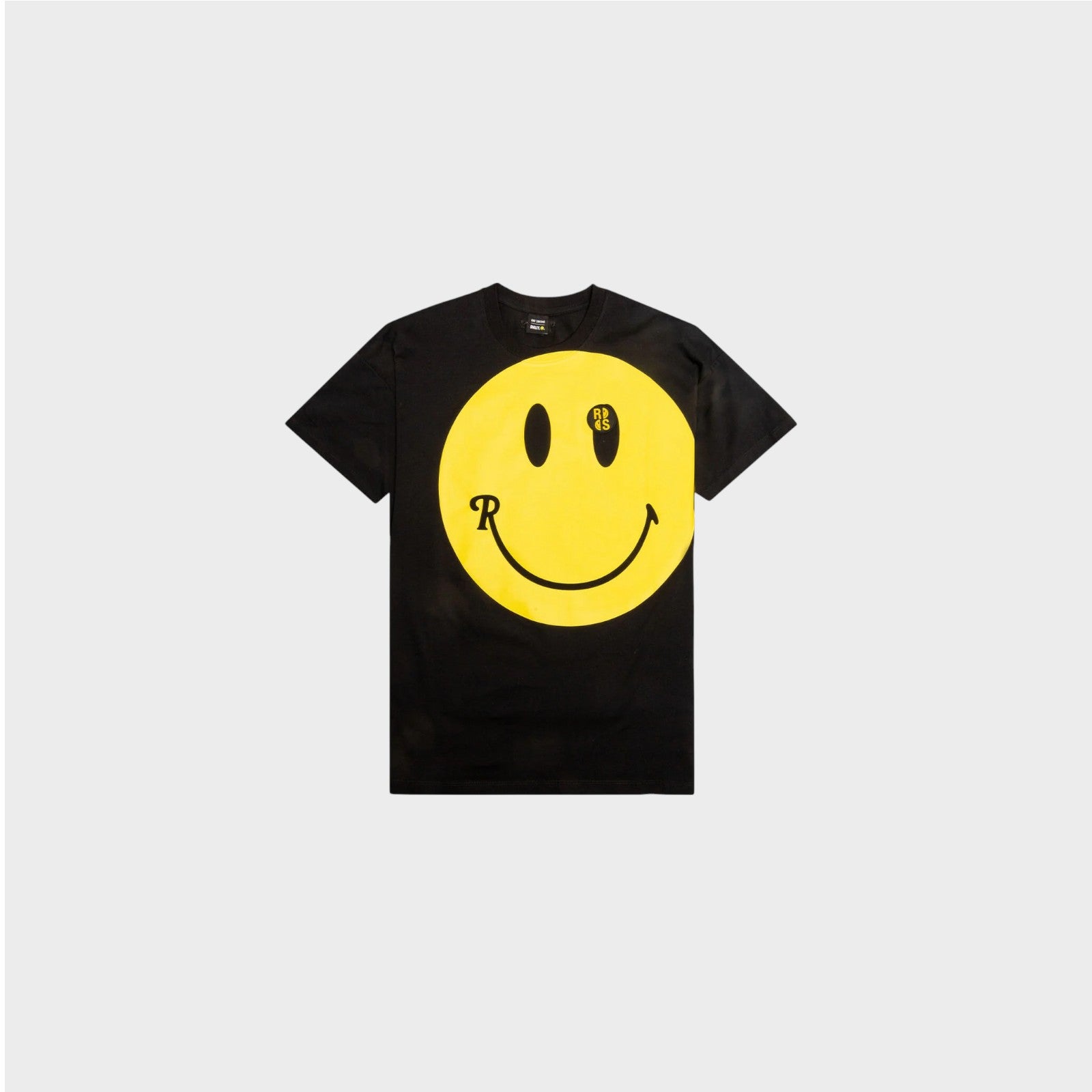 Raf Simons T-Shirt, Print, RS x Smiley Cotton Jersey Big Fit Crew Neck T-Shirt in Black w/ Large Yellow Smiley Print