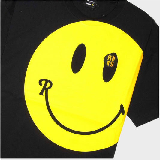 Raf Simons T-Shirt, Print, RS x Smiley Cotton Jersey Big Fit Crew Neck T-Shirt in Black w/ Large Yellow Smiley Print