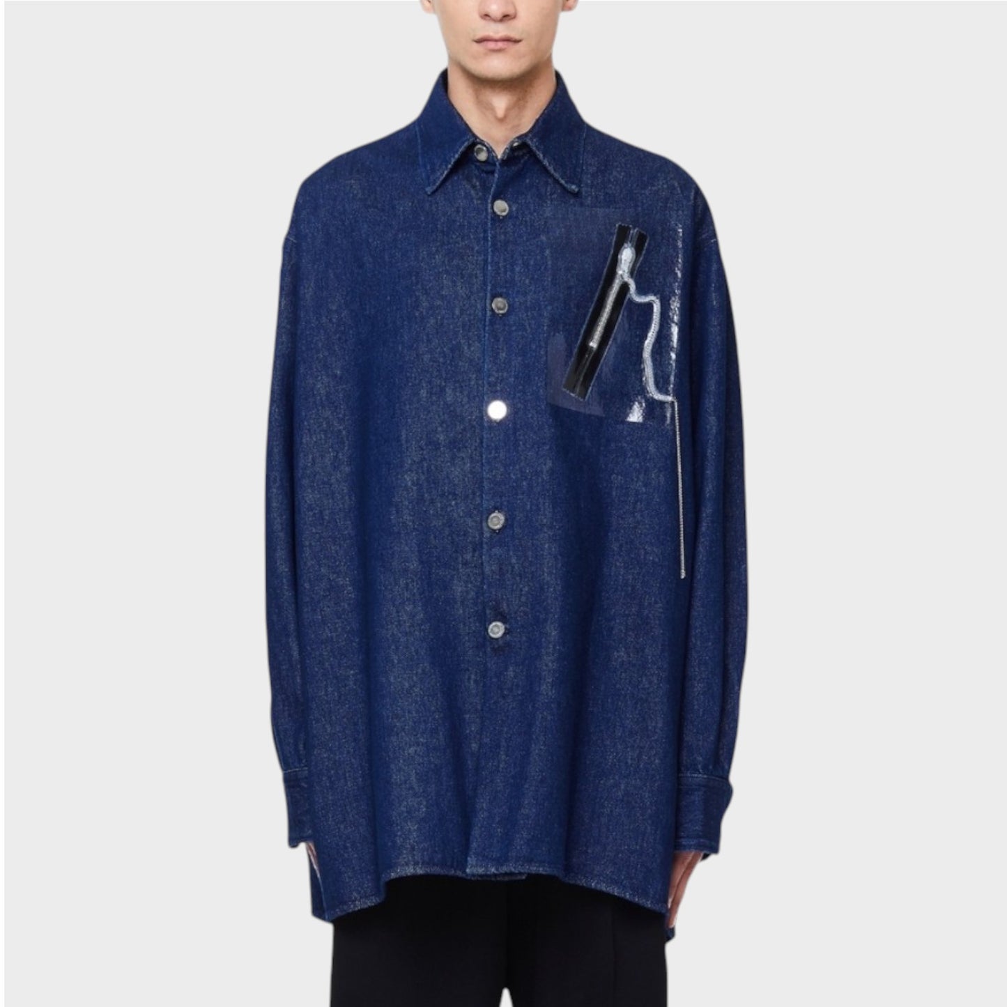 Raf Simons Shirt, Navy, Cotton Big Fit Denim Shirt in Dark Navy w/ Zipper