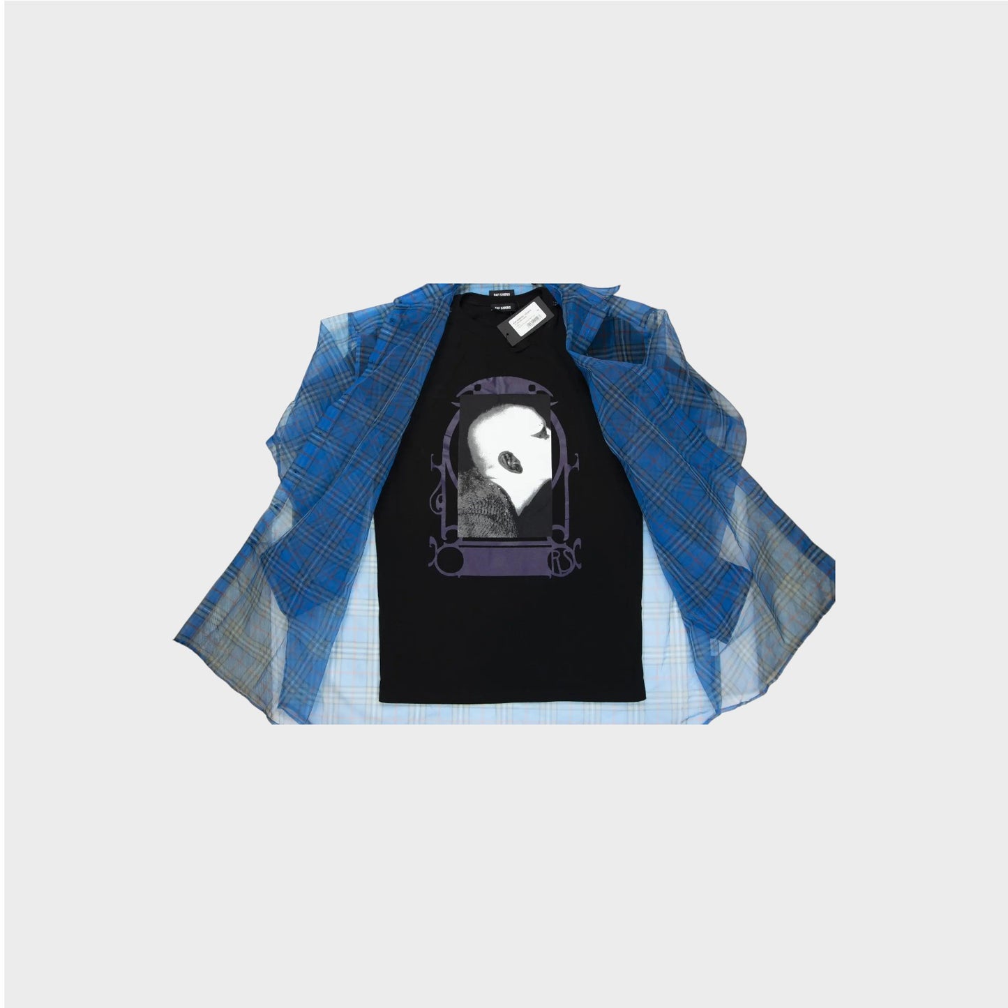 Raf Simons Shirt, Multi, Long-Sleeve Checked Transparent Blue Shirt w/ T-Shirt