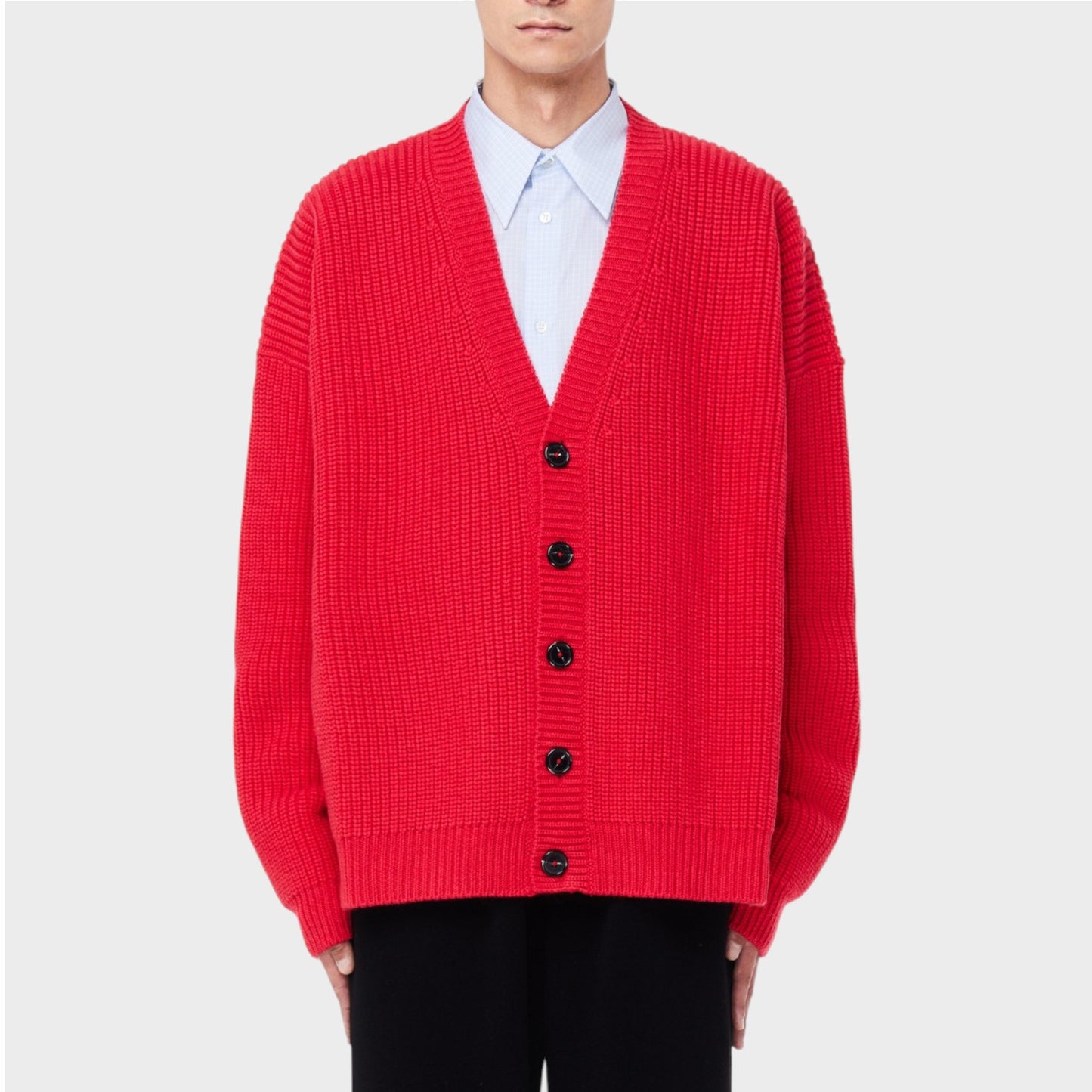 Raf Simons Knitwear, Multi, V-Neck Pink and Green Cardigan w/ Leather Patches