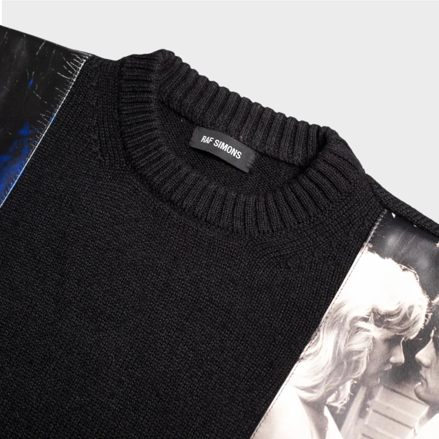 Raf Simons Knitwear, Black, Jersey Cotton Oversized Crew Neck Sweater w/ "Blue Velvet" Print Shoulder Patches