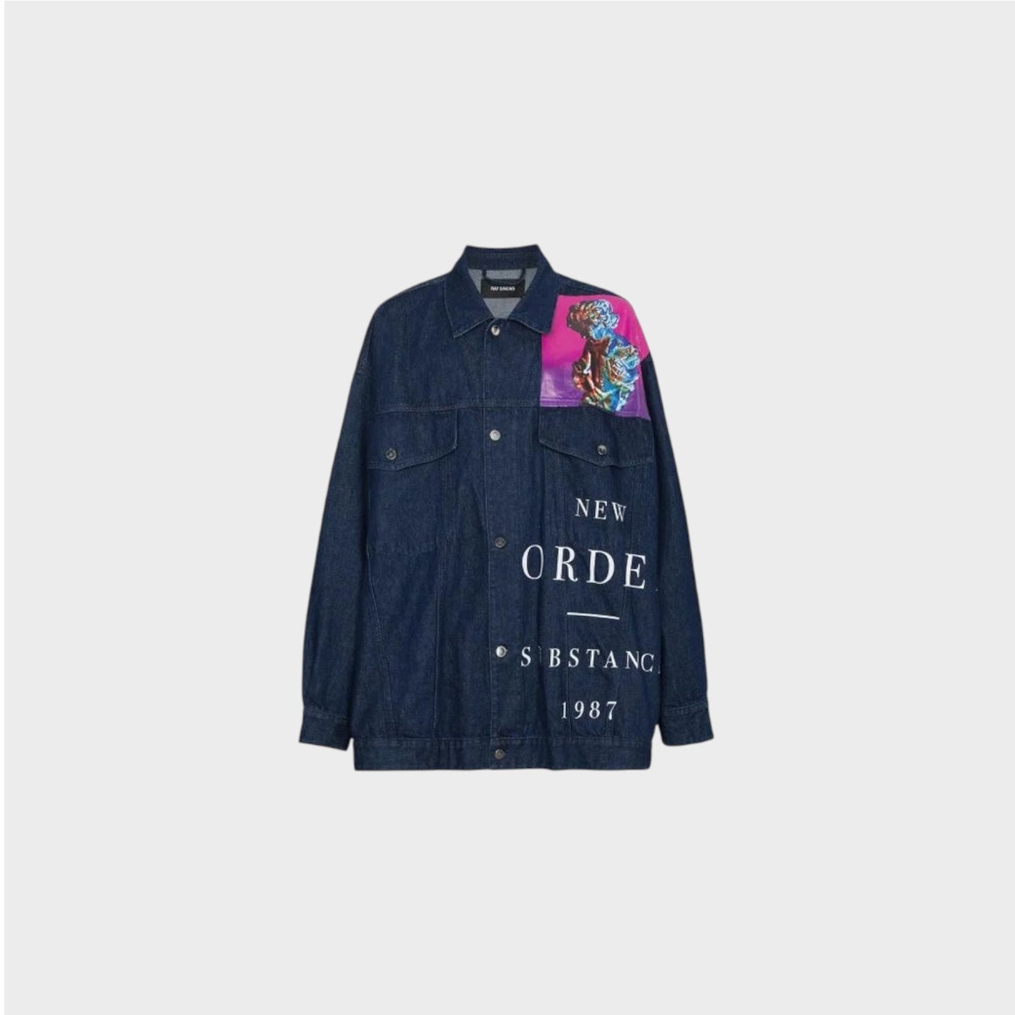 Raf Simons Jacket, Navy, Oversized Denim Jacket in Dark Navy w/ Print