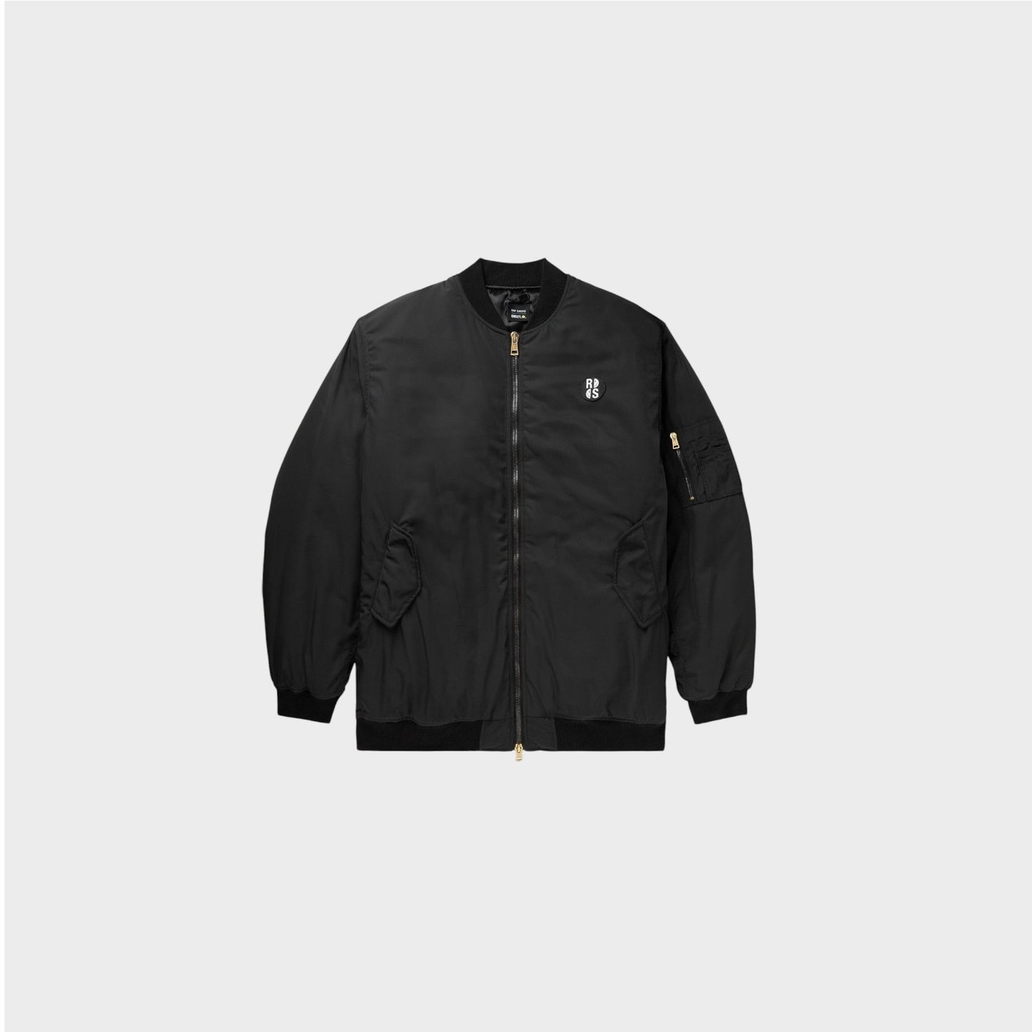 Raf Simons Jacket, Black, RS x Smiley Zip Up Flap Pockets Puffer Bomber w/ Badge & Smiley Print