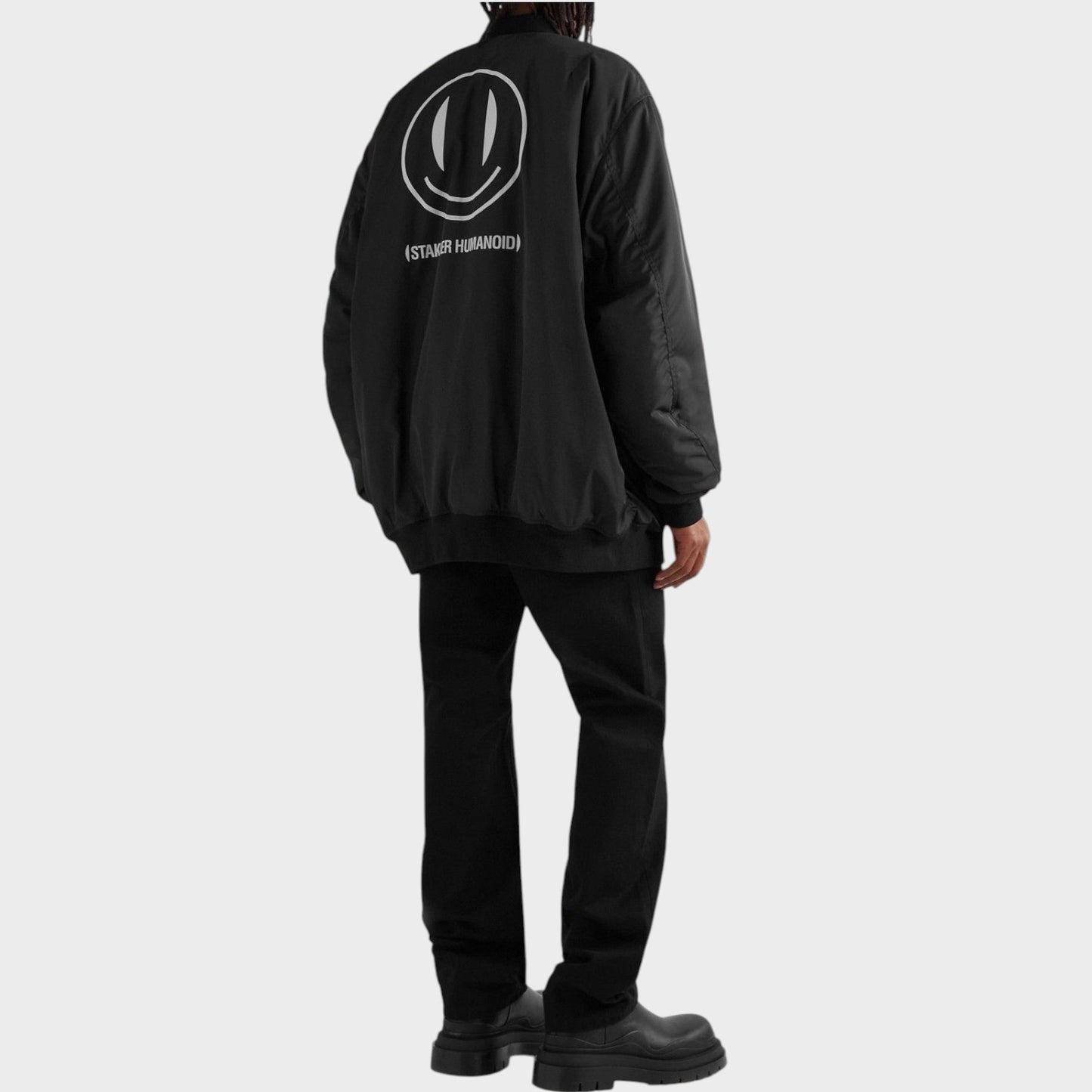 Raf Simons Jacket, Black, RS x Smiley Zip Up Flap Pockets Puffer Bomber w/ Badge & Smiley Print