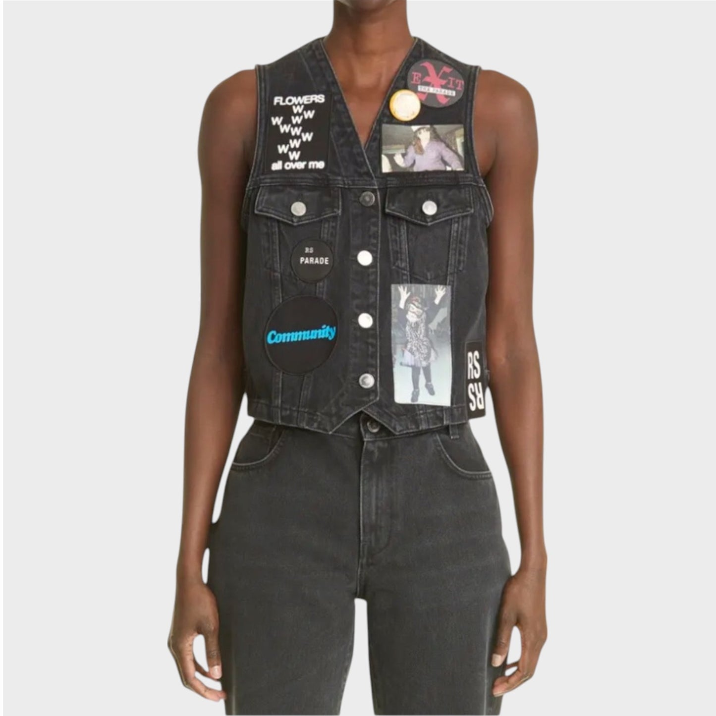 Raf Simons Vest, Black, Cotton Denim V-Neck Button Up Gilet w/ Patches and Badges