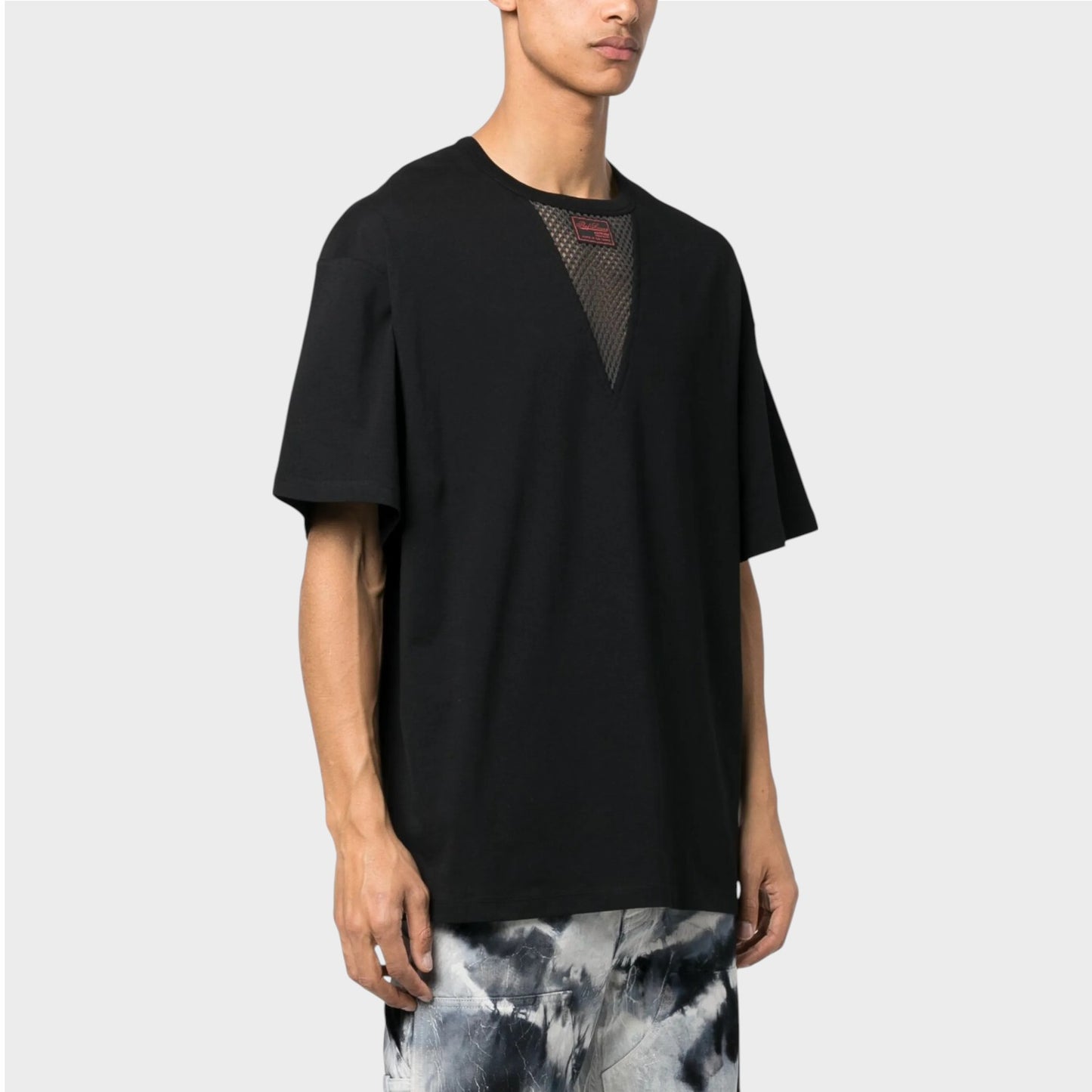 Raf Simons T-shirt, Black, Cotton Crew Neck Short Sleeve T-Shirt in Black Dark Grey w/ Net V-Neck