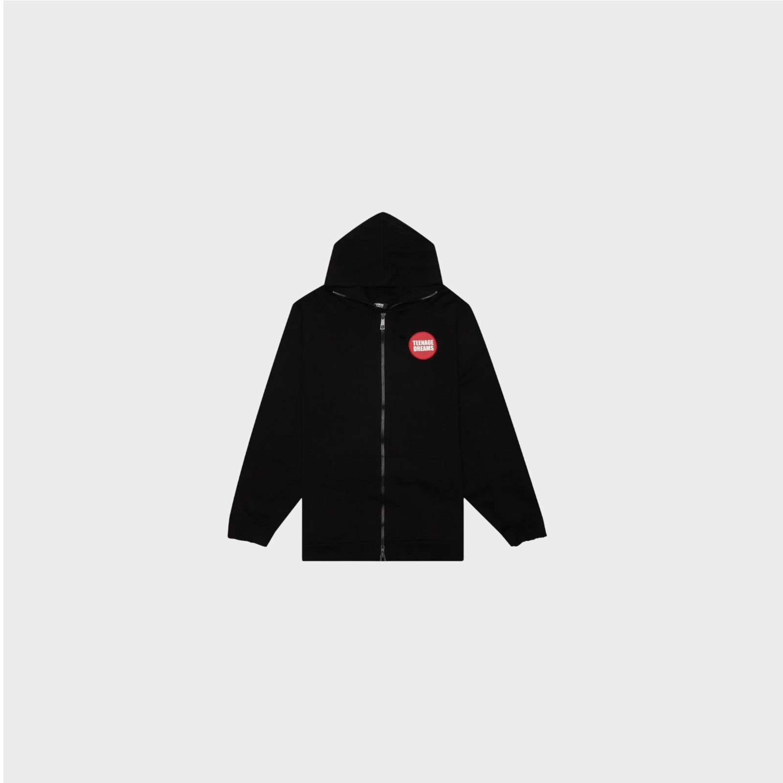 Raf Simons Sweatshirt, Black, Cotton Destroyed Oversized Zip Up Hoodie w/ "Teenage Dreams" Patch and Print